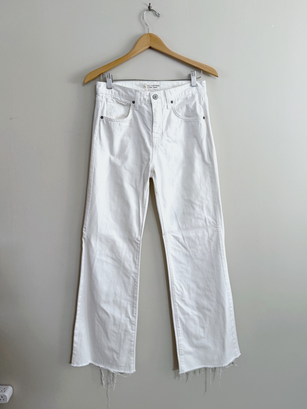 Nili Lotan Celia Womens 27 Cream White Cotton Bootcut Jeans Raw Hem Quiet Luxury